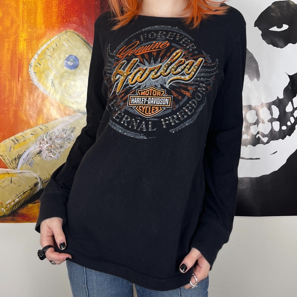 Harley Davidson Motorcycles Rhinestone Angel Wing Long Sleeve Shirt / Size M